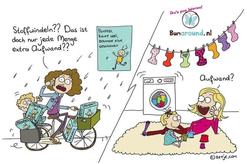 Cartoon zum Aufwand von Stoffwindeln und Wegwerfwindeln